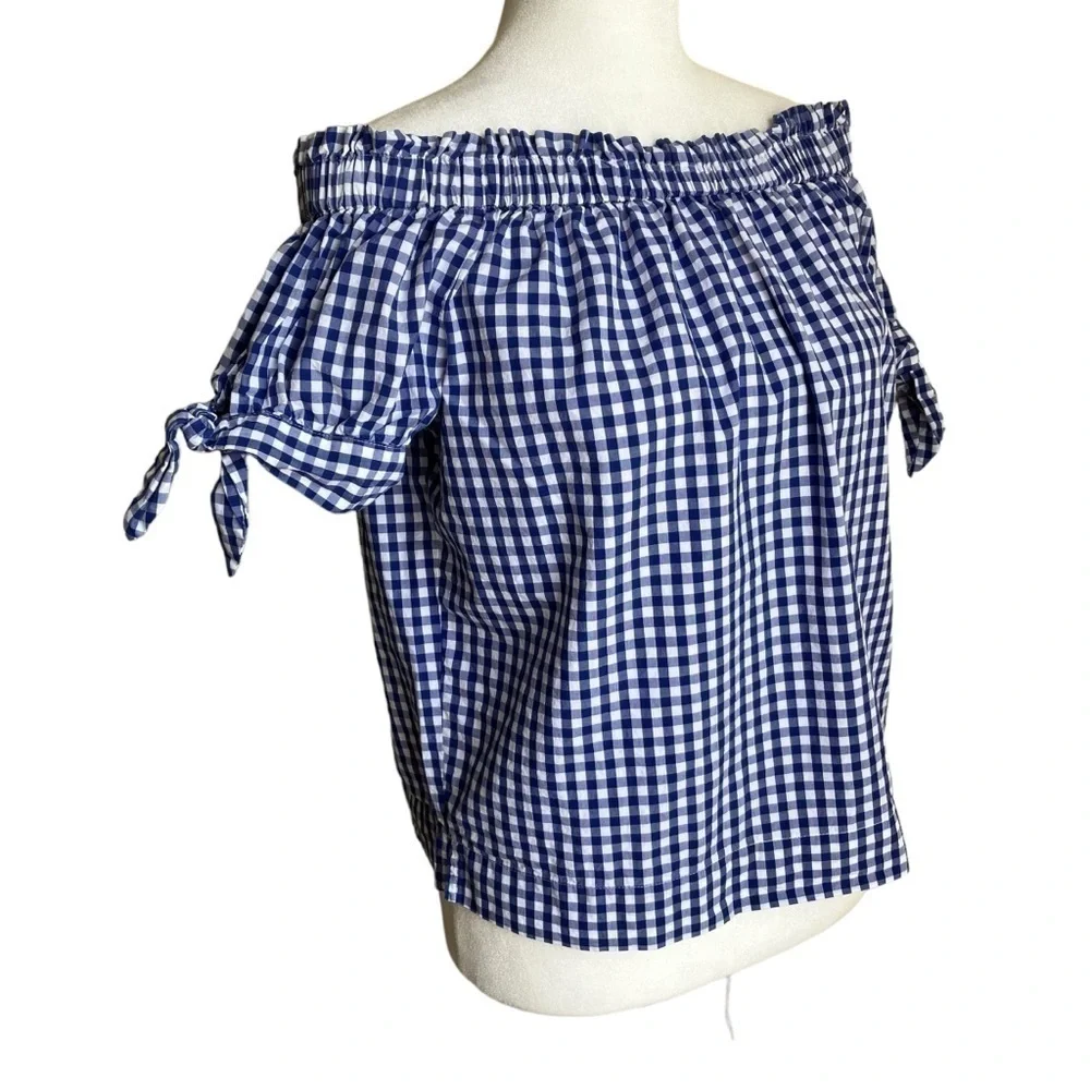 J. Crew Blue White Gingham Checkered Off The Shoulder Top Cottagecore Size 2